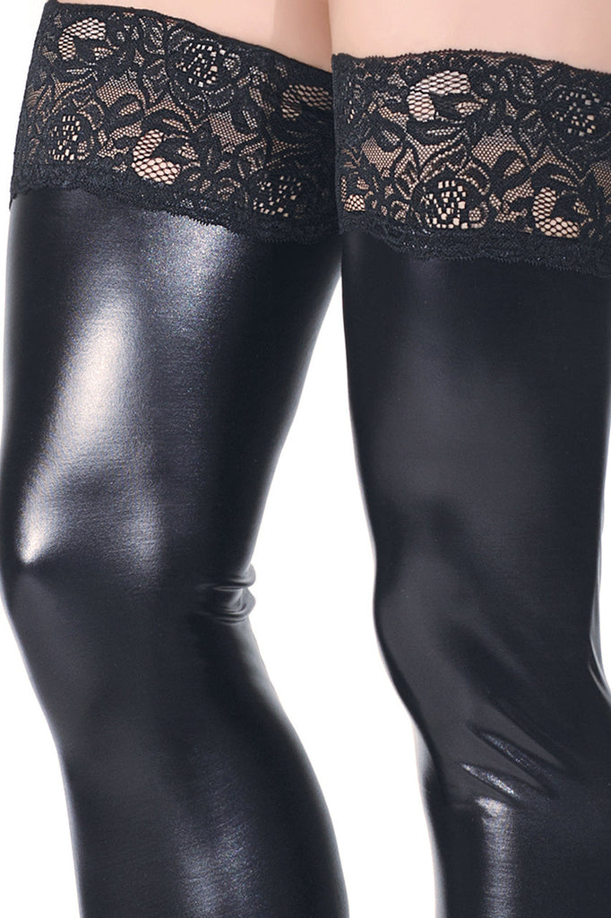 Lace top leather thigh highs, lace top faux leather thigh highs