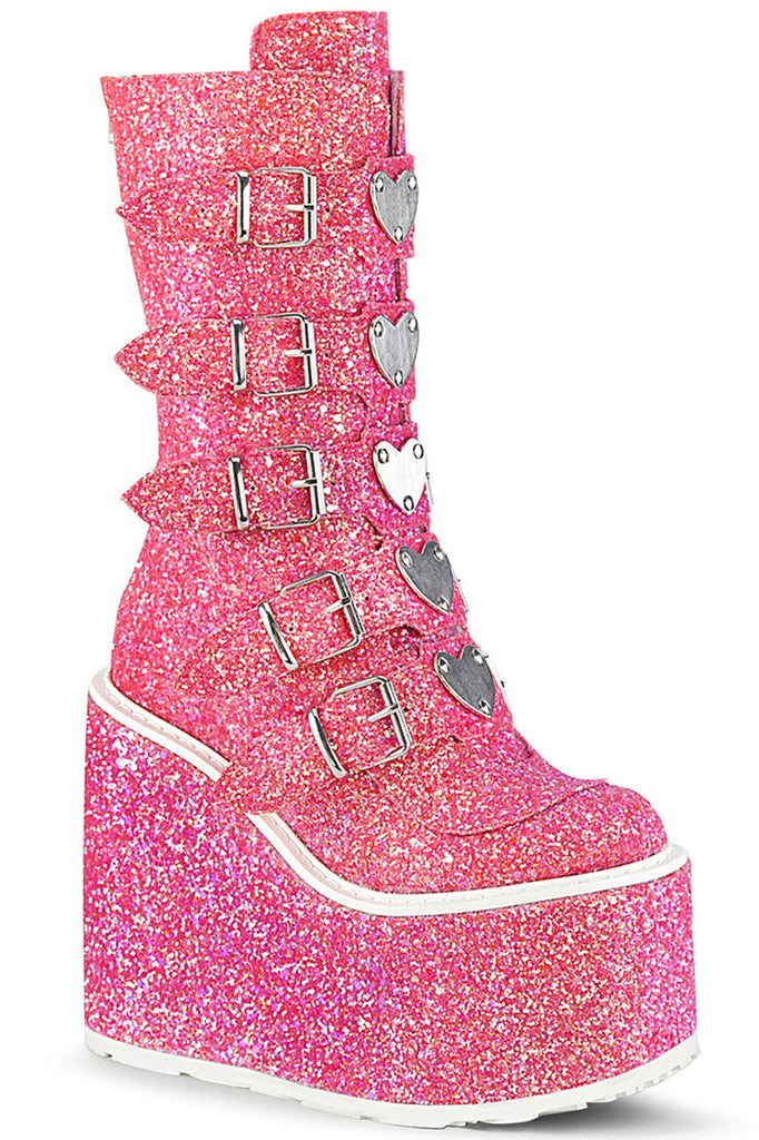 Women's 5 1/2"" (140mm) Platform Mid/Calf Boot Featuring 5 Buckle Straps w/ Heart Shaped Metal Plates at Center, Back Metal Zip Closure