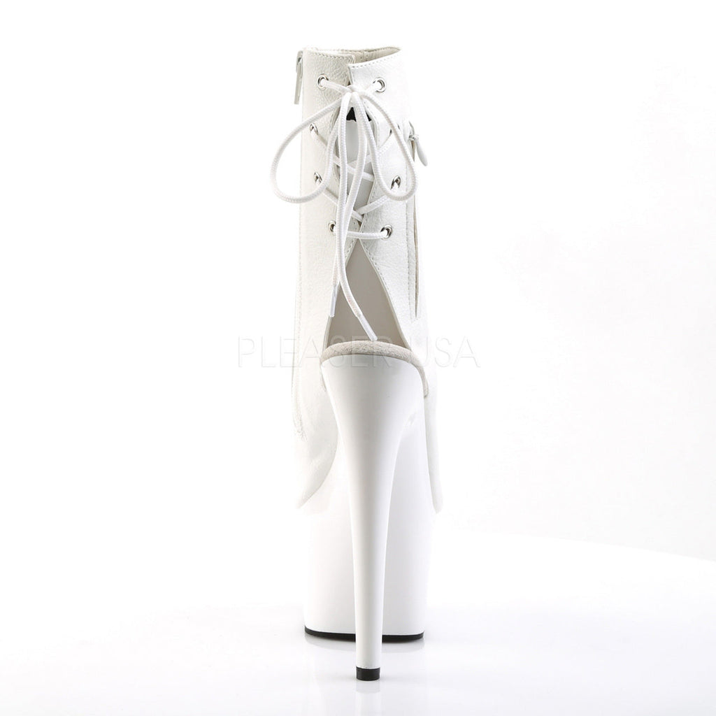 Pleaser Shoes - women's white open toe/heel faux leather ankle boots with 2.8" platform and 7" spike heel