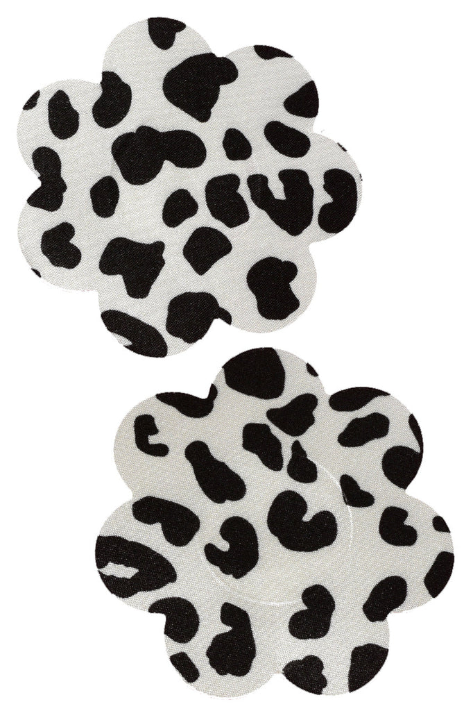 Cow print nipple pasties on flower petal design