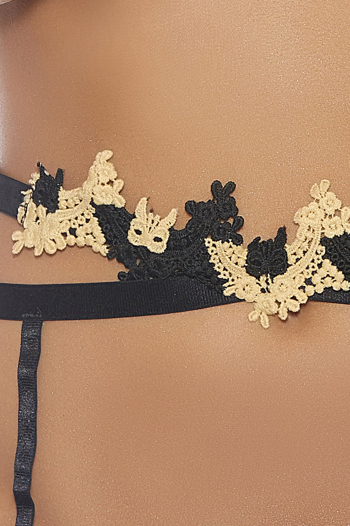 Shop this high waist garter belt with nude and black floral lace
