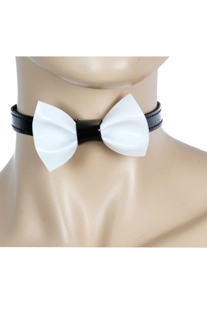 patent leather mini choker with white bow tie