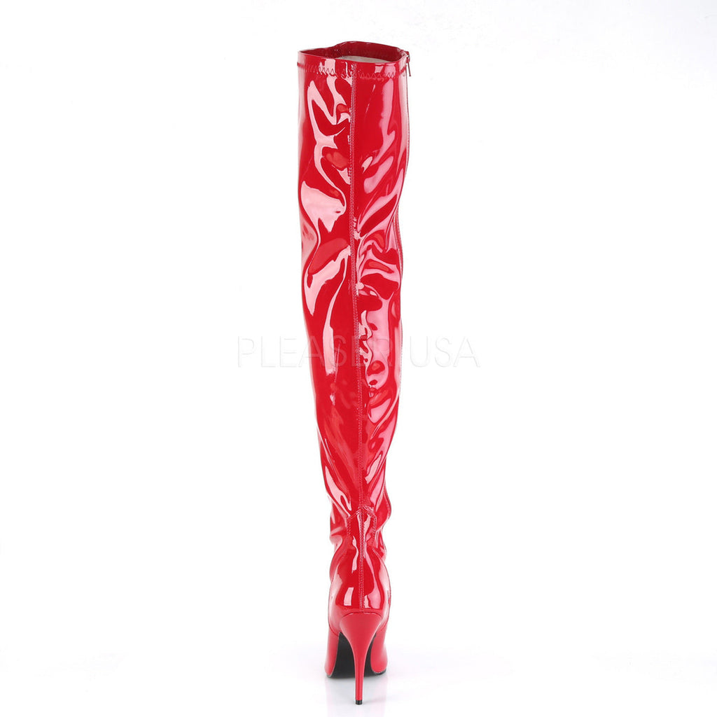 Women's sexy red 5 inch heel thigh boots with a flat platform.