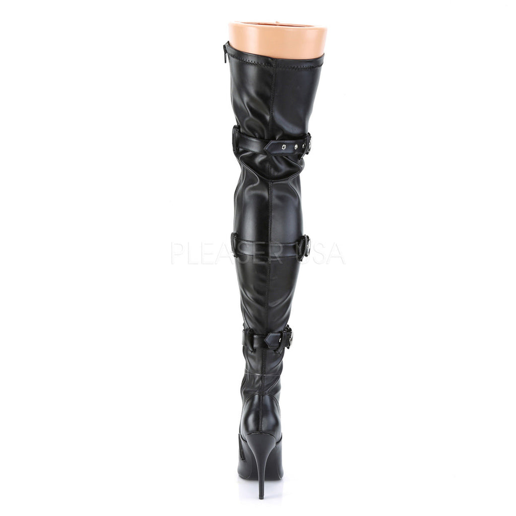 Women's black 5 inch heel tall thigh high boots with a flat platform.