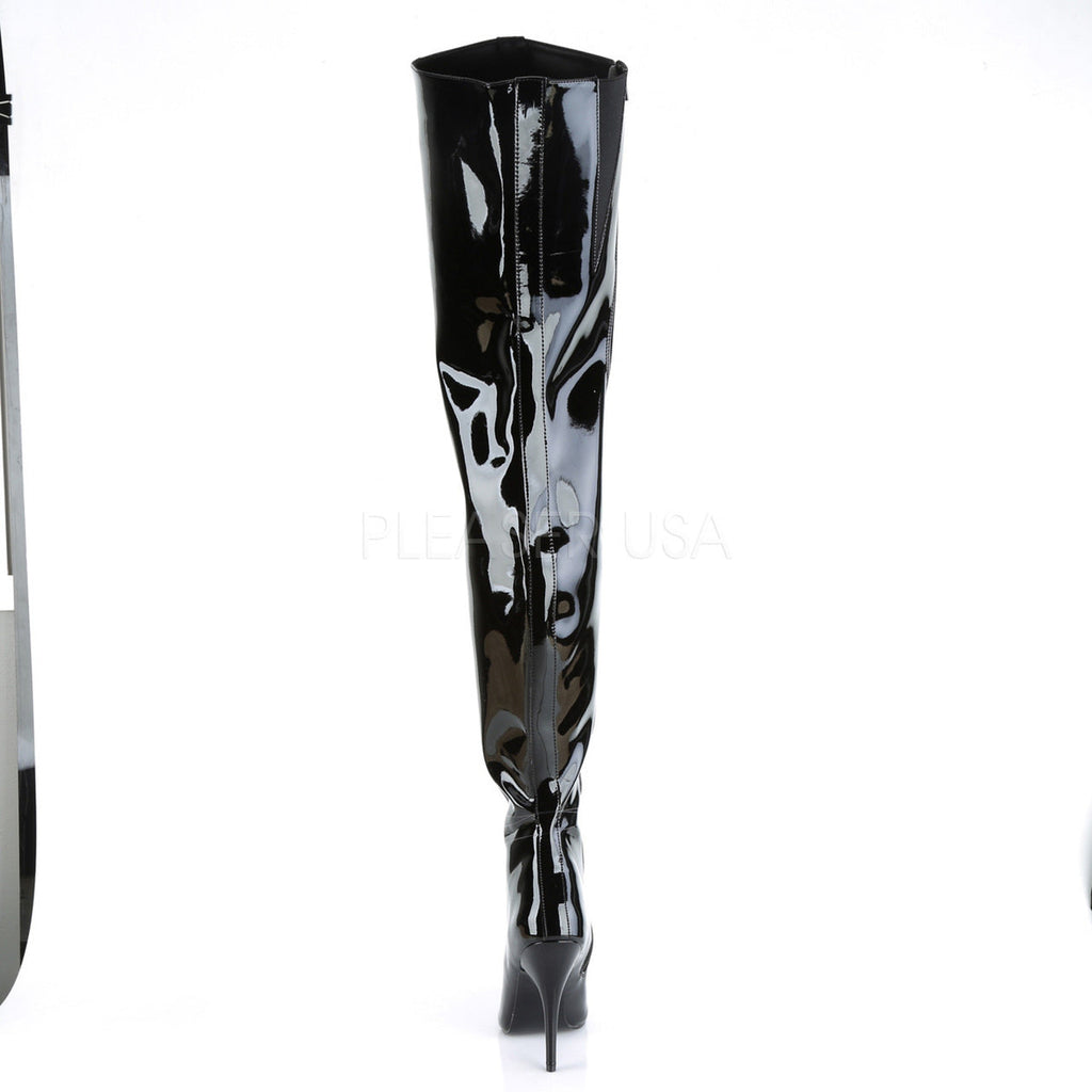 Women's black 5 inch heel thigh high boots with a flat platform.