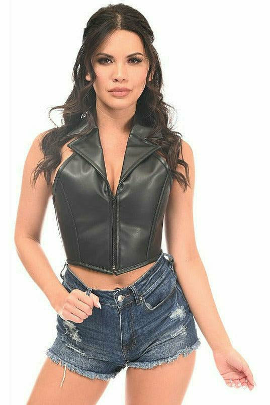 Top Drawer Black Faux Leather Steel Boned Collared Bustier Top - Daisy Corsets