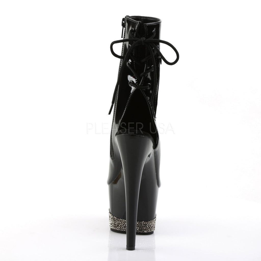 Pleaser Shoes - shop black open toe/heel booties with 2.8" platform and 7" heel