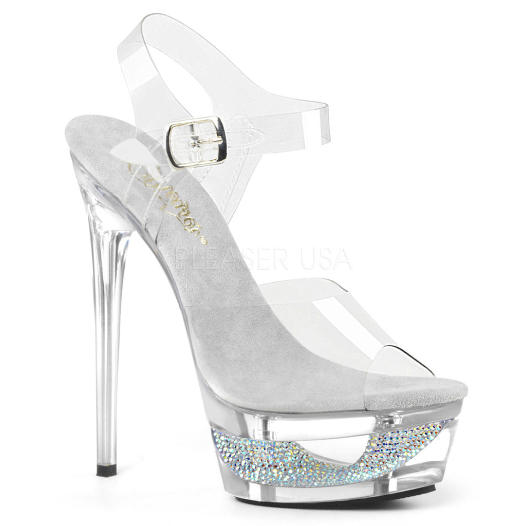 Sexy clear ankle strap stripper pumps with 6.5" heel.