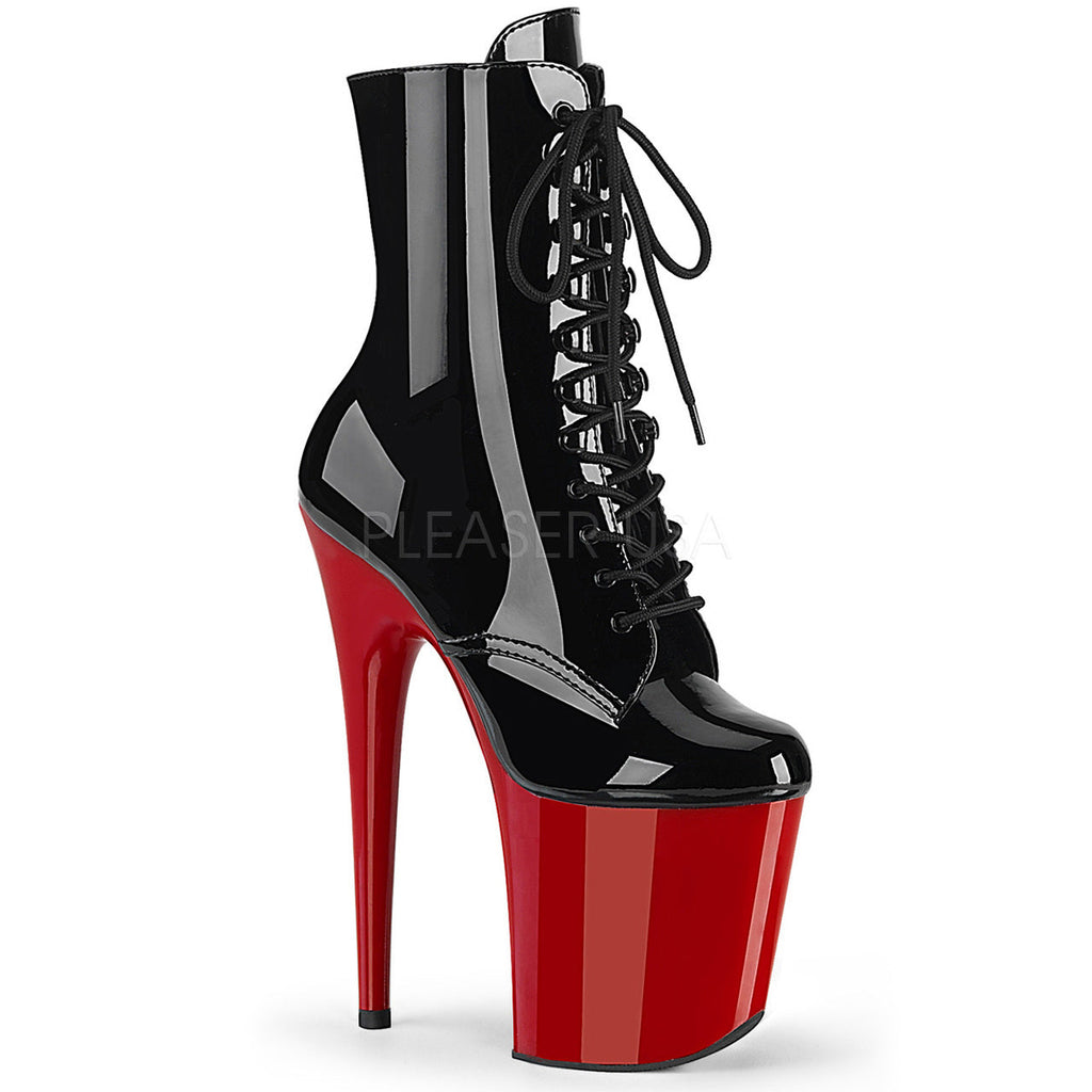 Black/red booties with 8" heel - Pleaser Shoes SKU # flam1020/b/r