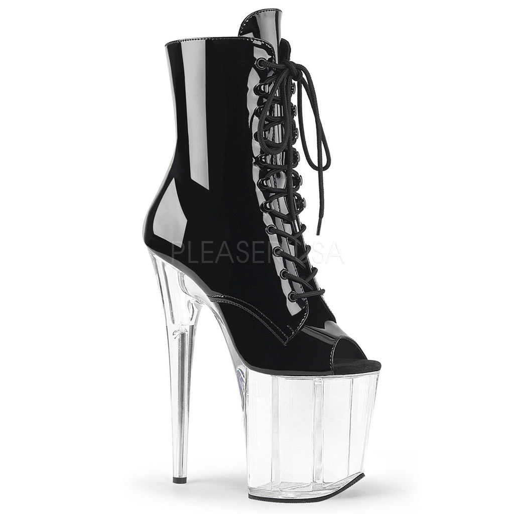 8" spike heel clear/black peep toe lace-up ankle boots