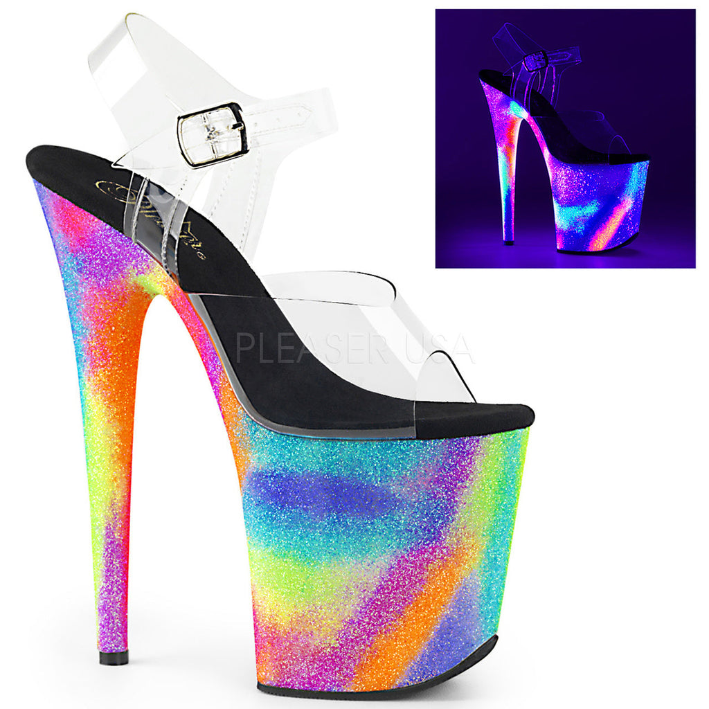 Women's sexy clear/rainbow glitter ankle strap pole dancing heels with 8" high heel.