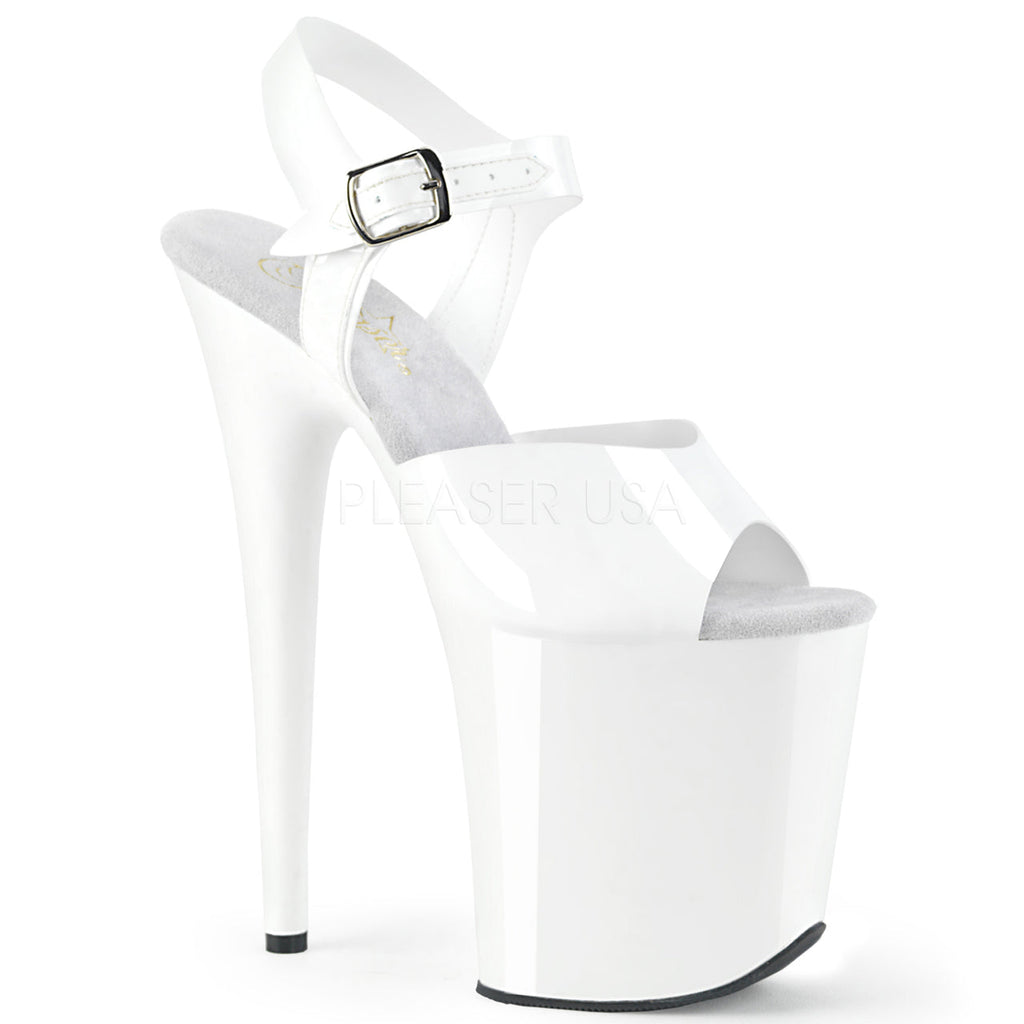 Women's white ankle strap pole dancing heels with 8" heel.