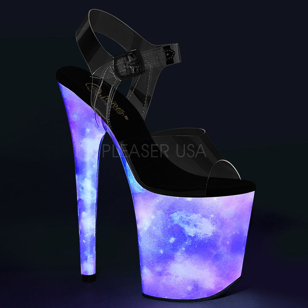 Women's sexy clear/blue ankle strap exotic dancer heels with 8" high heel.