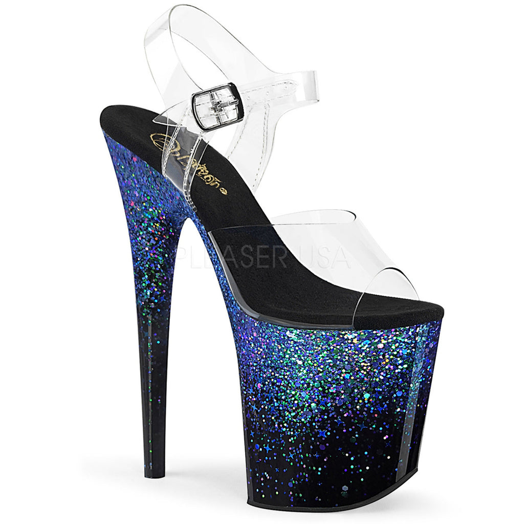 Pleaser Shoes - Women's clear/blue 8 inch heel pole dancing heels with ankle strap 4" platform.
