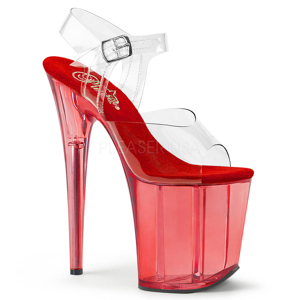 Women's clear/red exotic dancer high heels with ankle strap, 8 inch high heel, and 4" platform - Pleaser Shoes