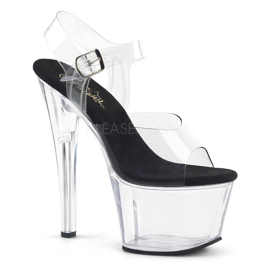 Women's clear/black ankle strap pole dancing shoes with 7" heel and 2.8" platform.