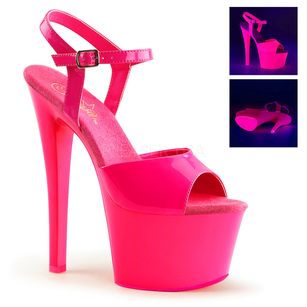 Women's sexy hot pink ankle strap exotic dancer pumps with 7" high heel.