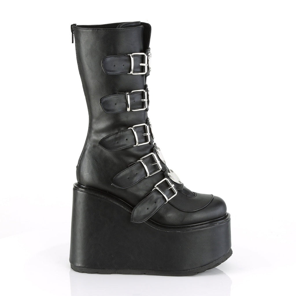 Women's 5 1/2"" (140mm) Platform Mid/Calf Boot Featuring 5 Buckle Straps w/ Heart Shaped Metal Plates at Center, Back Metal Zip Closure